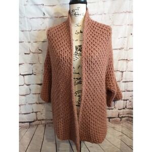 Elsamanda Open Knit Cardigan 3/4 Sleeve Chunky Crochet Sweater Size Medium Rust